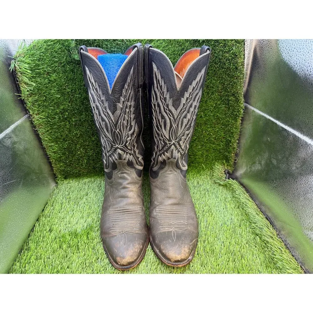 Lucchese Western Boot Men's 9.5 Black Leather Pull On Equestrian Cowboy Ranch